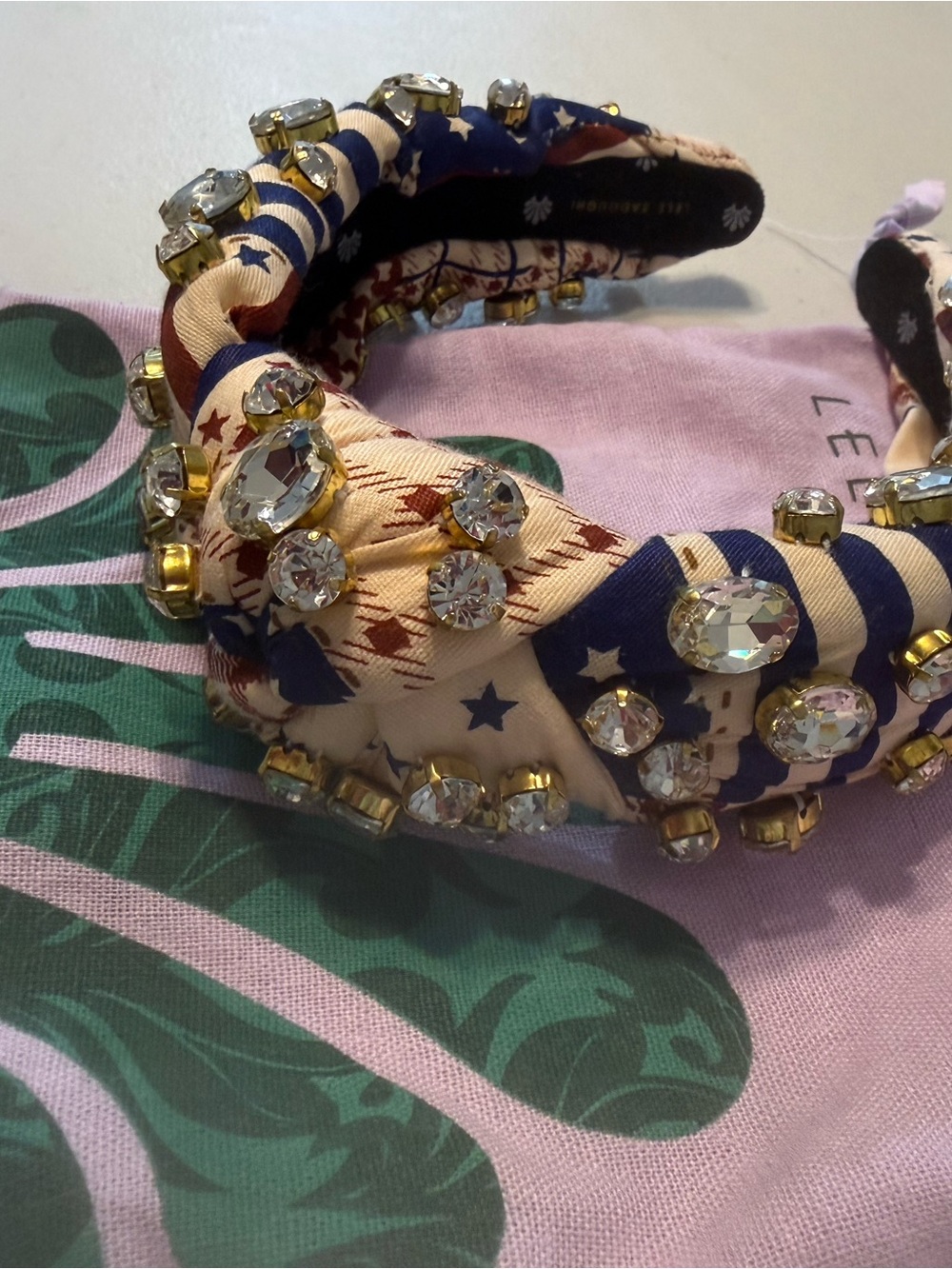 Embellished Star-Print Knot Headband in Navy & Cream